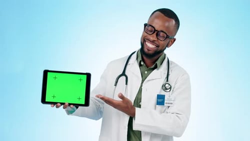 Doctor, man and green screen on tablet for advertising healthcare app, newsletter