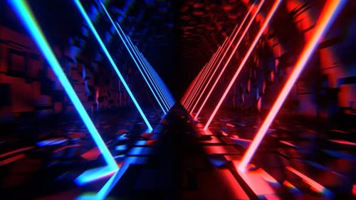 Blue And Red Endless Sci Fi Corridor With Neon Long Lamps Background Vj Loop In 4K