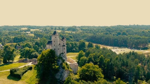 Morning aerial view on the medieval royal castle Bobolice. Poland. High quality 4k footage