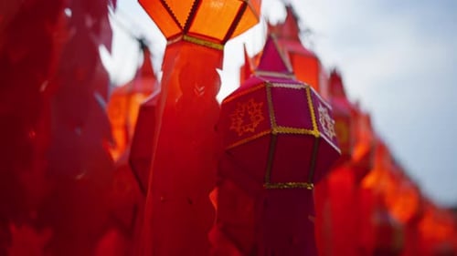 Hanging one hundred of multi colours lantern light lamp for Loy Krathong Festival in Lampune.