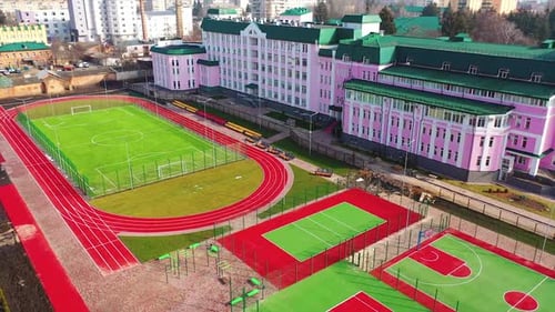 New fields for sports in the city. Sports complex with a modern stadium.