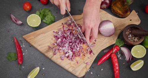 Dicing Red Onion on Cutting Board