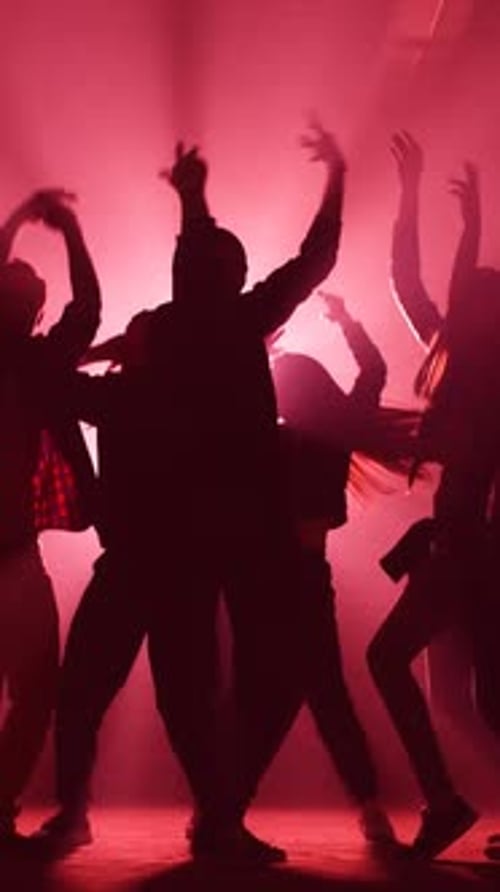 Silhouetted People Energetically Dancing Under Red Lights