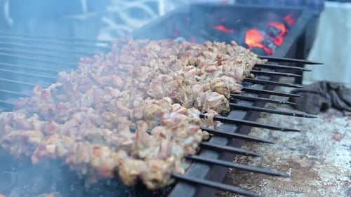 Close up of cooking Shish kebab on grill