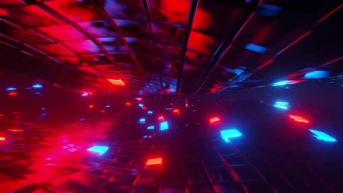 Red Blue Glowing Cubes Digital Art Futuristic Tunnel Space Background Design 3D Render