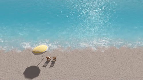 3D render. Umbrella with two sun loungers on the shore of the blue sea.