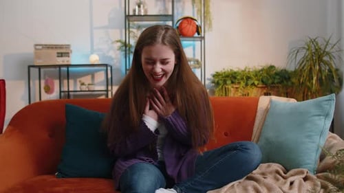 Woman Laughing Out Loud After Hearing Ridiculous Anecdote Funny Joke Feeling Carefree Amused