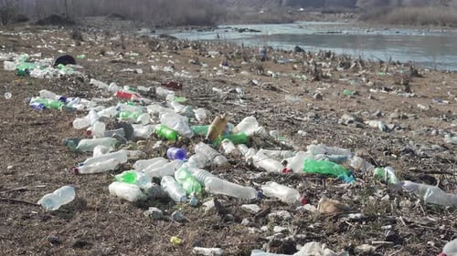 Polluted River with Floating Garbage