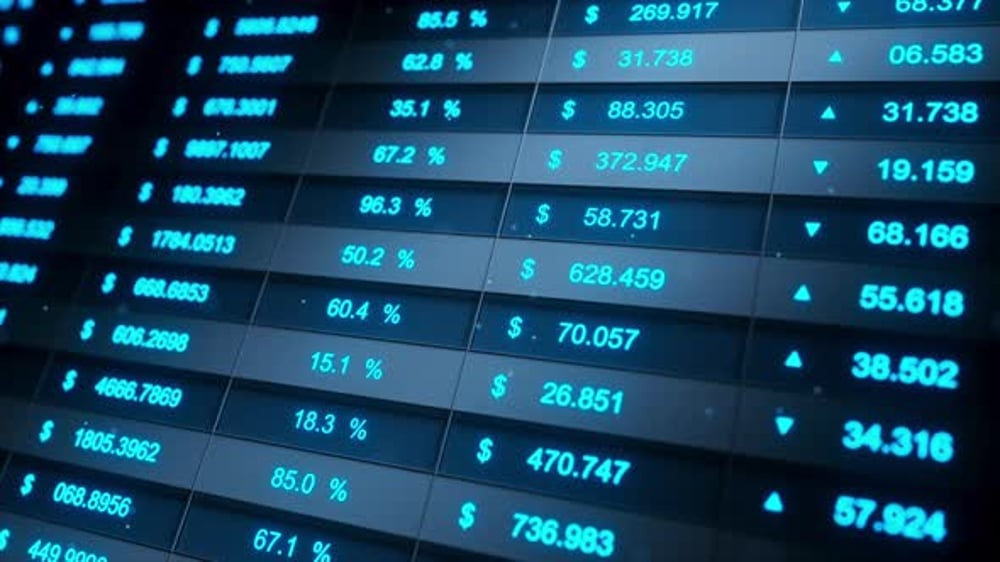 Seamless loop of glowing trading dashboard with currency values ...