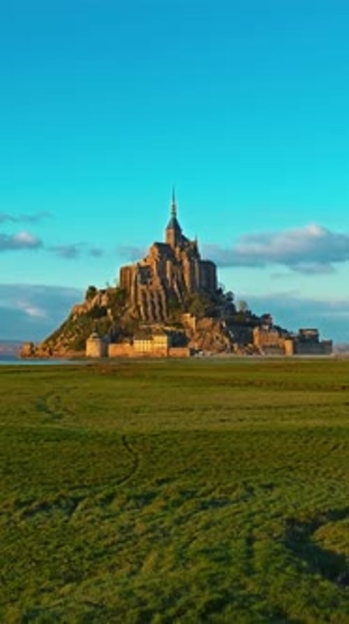 Aerial View of the Famous Historic Abbey Mont Saint Michel Historic Monastery with Tidal Flats