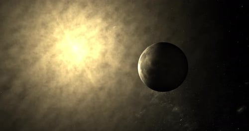 Planet Orbiting a Bright Sun in a Starry Nebula Background