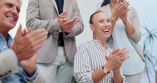 Business people, happy and applause for celebration with success for company achievement