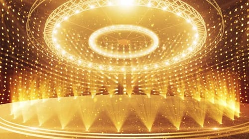 Golden Awards Stage with Glittering Particles and Spotlights