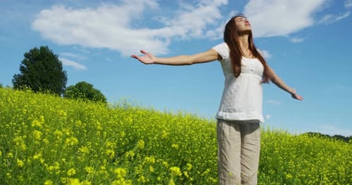 in a beautiful sunny day a woman is happy in nature . concept of happiness and nature. a meadow of