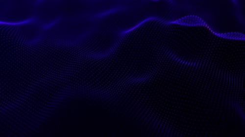 Abstract glowing digital cyber wave made of particles and dots moves on a blue background, big data