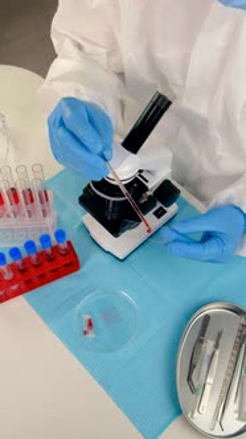 Scientist Works with Microscope and Test Tubes