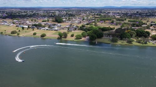 Motorboats Sailing Fast On Clarence River. Boat Racing In Grafton, New South Wales, Australia. aeria