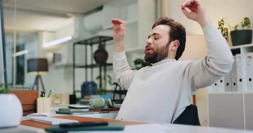 Relax, happy and businessman in office with completed project, review or task with deadline