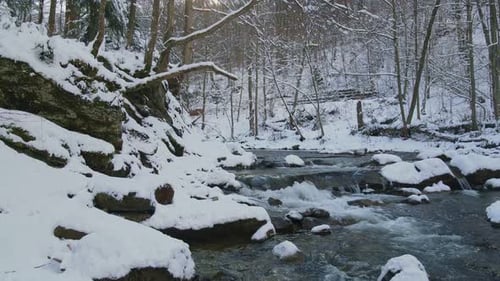 Aerial View Fabulous Winter Landscape of a Mountain River in a Magical Forest