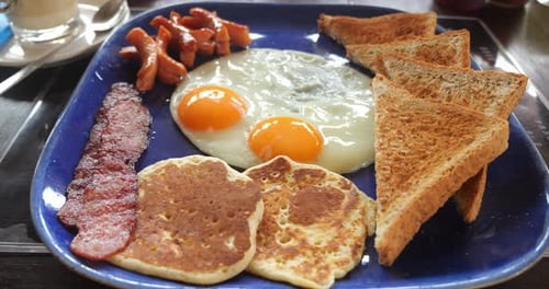 Breakfast Plate with Pancakes, Eggs, and More