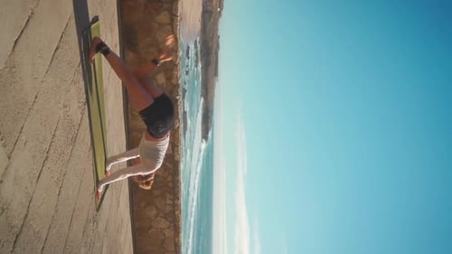Yoga Exercises Ocean View on Background