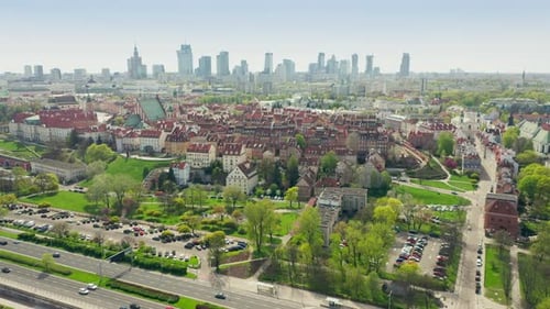 Aerial view of the historic center of Warsaw against the backdrop of skyscrapers