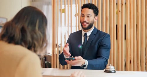 Man, guest and card for payment at hotel accommodation, hospitality service and business booking