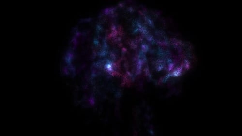 Ondas de fumaça roxas suaves: design 3D dinâmico com partículas brilhantes em um espaço cibernético