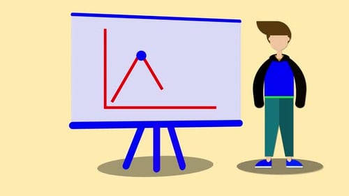 Person with board graph bar icon animated on a color background.