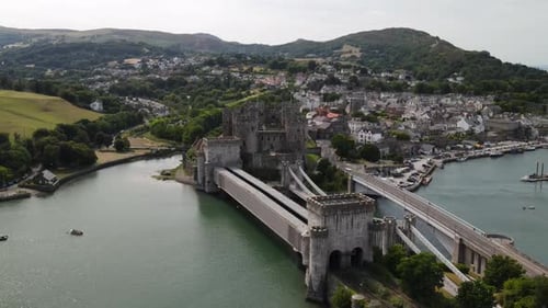 Aerial view of Conwy Castle in Conwy, United Kingdom.