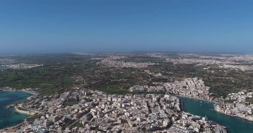 Aerial view of the cityscape and harbor, Malta.