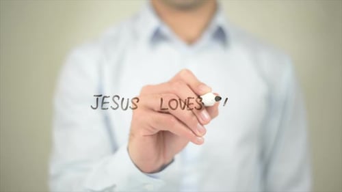 Jesus Loves You, Man Writing on Transparent Screen