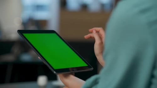 Arms Using Green Screen Pad At Lounge Closeup. Wealthy Woman Touching Digital Mockup Computer. Un...