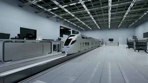 Futuristic High-Speed Train Moving Through Modern Office Interior