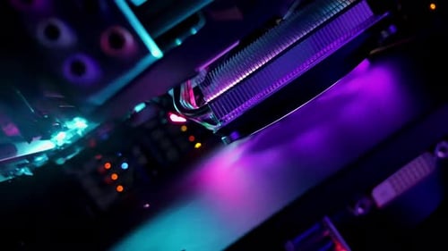 Close up of a server with flashing colourful lights in a data center