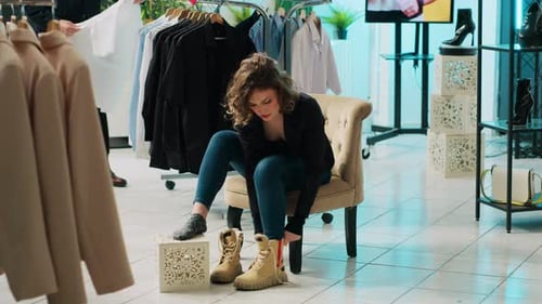 Elegant Woman Trying on a Pair of Shoes in Department Store