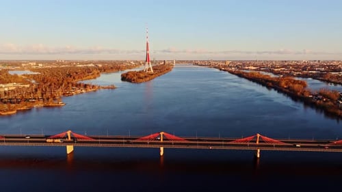 Daugava River and South Bridge Morning Traffic in Riga Latvia, Springtime Aerial