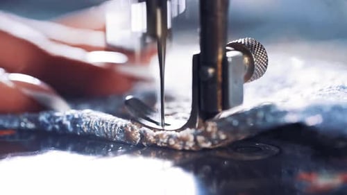Sewing Machine Stitching Blue Fabric Close Up