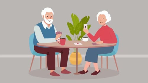 Flat Design Animation of Senior Couple Playing Cards
