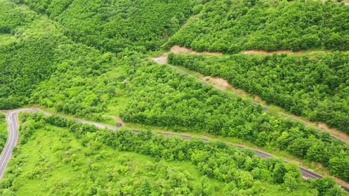 Aerial footage winding mountain road in spring or summer time.