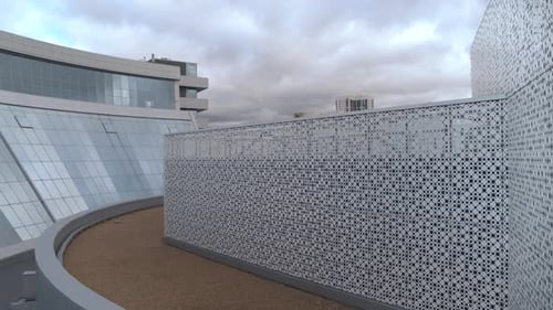 Aerial View of an Unusual Roof of a Modern Building Stock Footage Concept of Architecture Beautiful