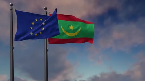EU and Mauritania National Flags Waving on Poles