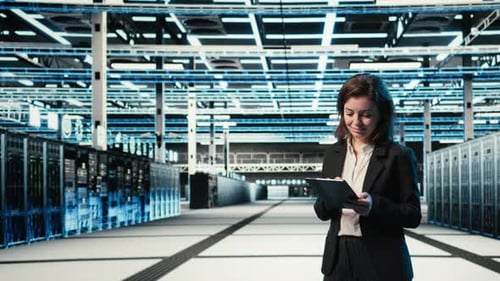 Data Center Technician Using AR Holographic Overlay to Monitor Systems