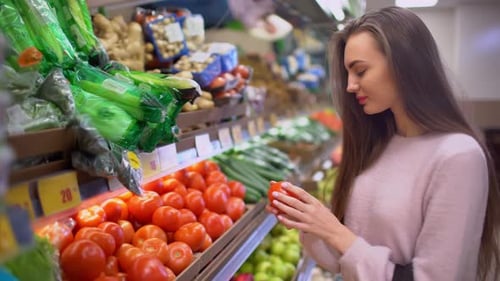 A Woman in a Supermarket on Fresh Tomato Shelf Buys Vegetables Woman Chooses Fresh Tomatoes
