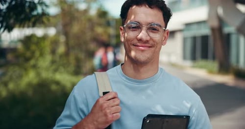 Face, student and man with tablet for education, academic confidence and happiness in college