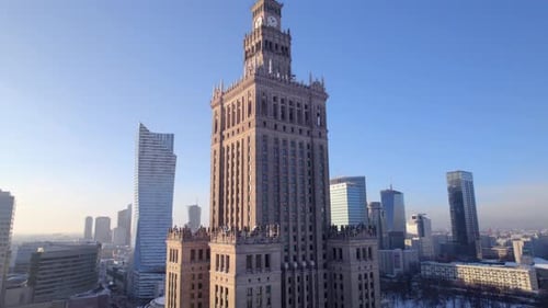 Winter Aerial Drone Video of the Central Building in Warsaw Downtown Palace of the