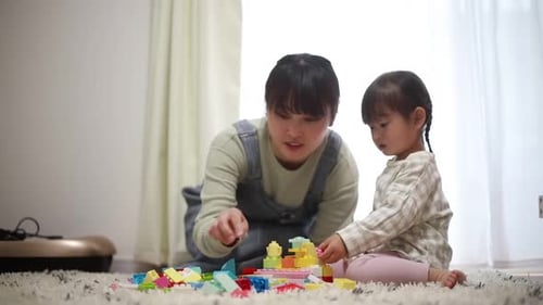 Woman and Child Play With Building Blocks At Home