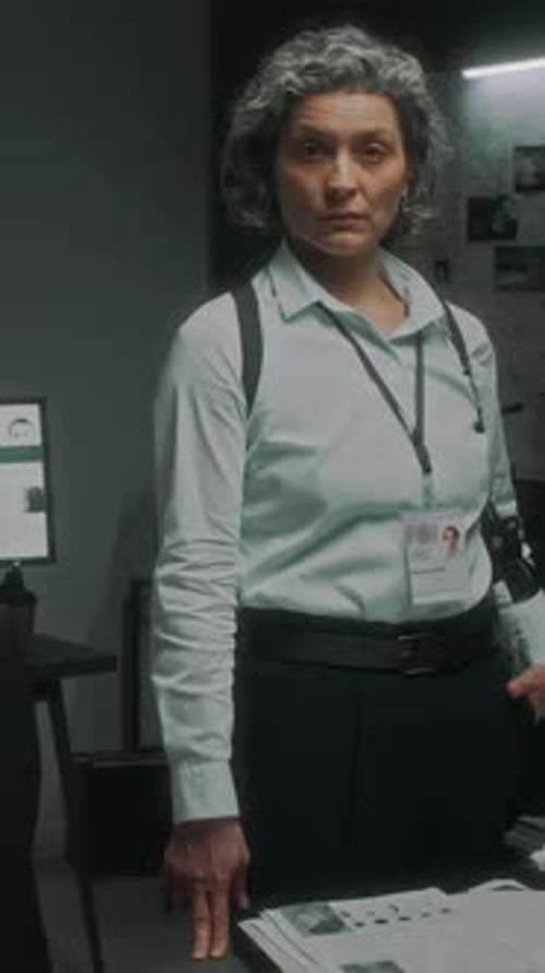 Serious Woman Detective in Investigation Room