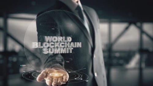 World Blockchain Summit mit Hologramm-Geschäftsmann-Konzept