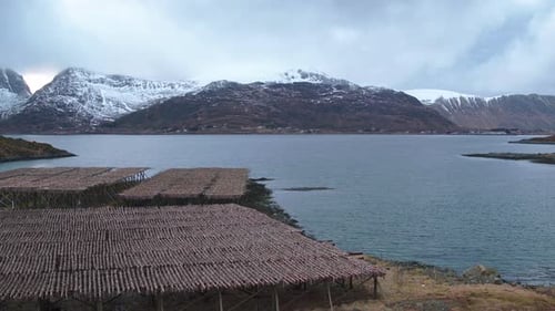 Cinematic tracking shot of fish racks in Norway